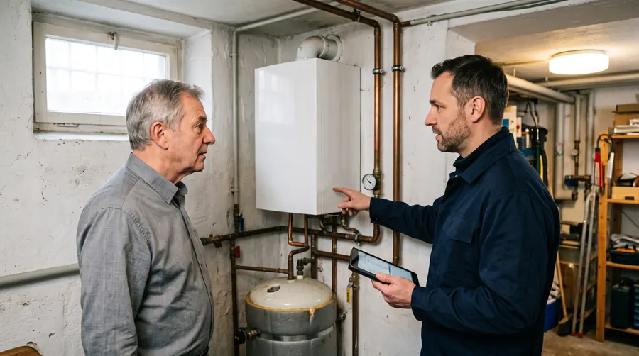 Vor-Ort-Termin in Bochum: Meister erklärt dem Hauseigentümer im Heizungskeller die vorhandene Gastherme