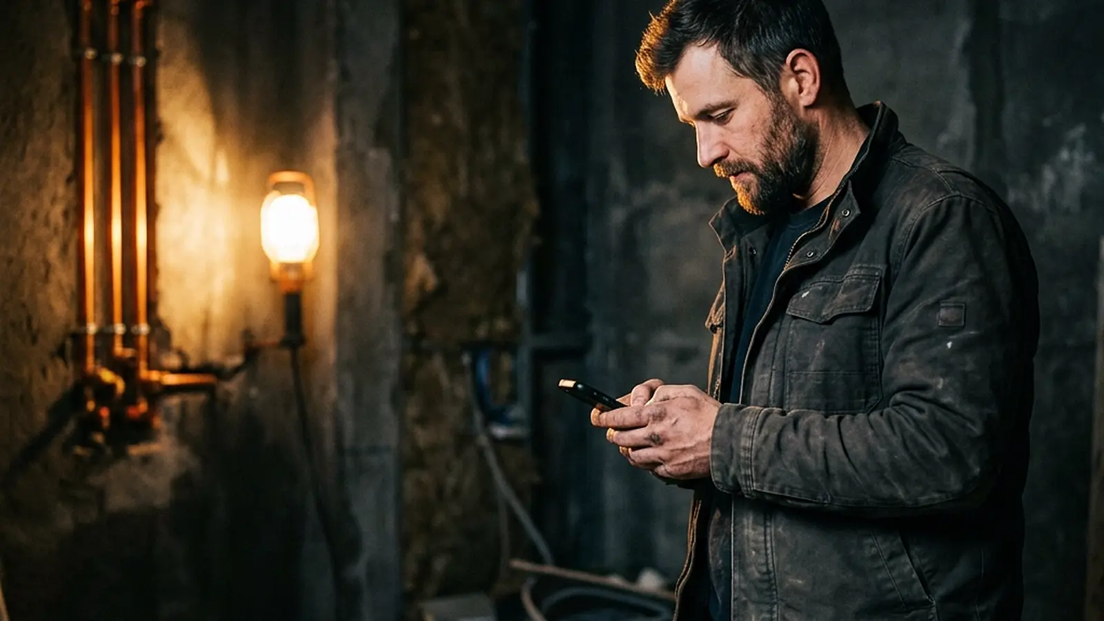 Installateur von Tokul Haustechnik beantwortet abends eine WhatsApp-Nachricht aus Bochum