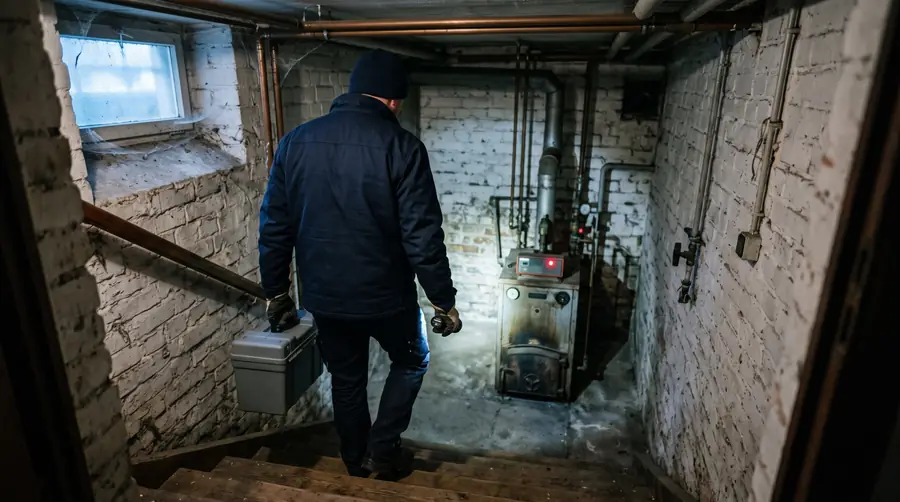 Heizungsnotdienst in Bochum: Techniker geht nachts mit Werkzeugkoffer und Taschenlampe die Kellertreppe hinunter zum Heizkessel mit Störungslicht