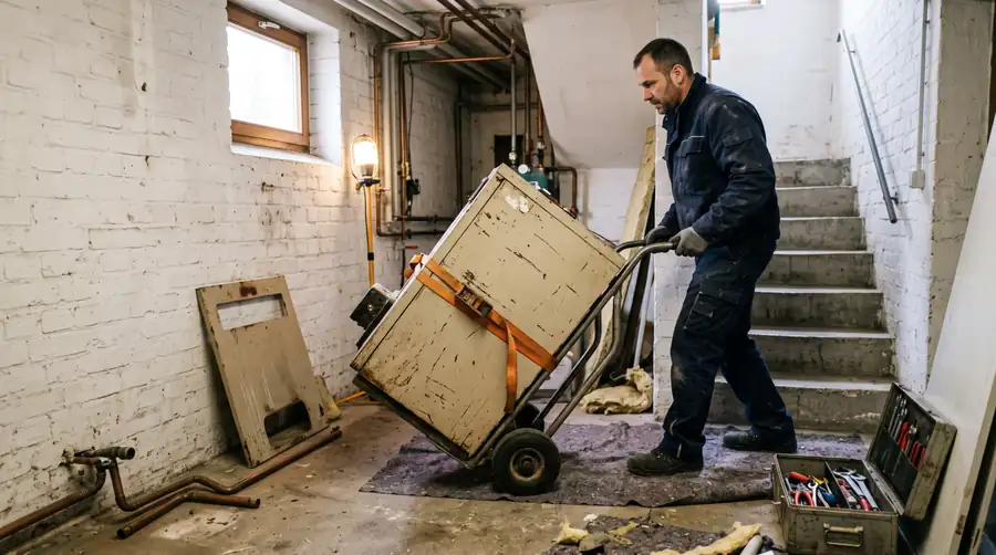 Heizungstausch in Bochum: Monteur bringt die ausgebaute alte Ölheizung auf der Sackkarre aus dem Keller