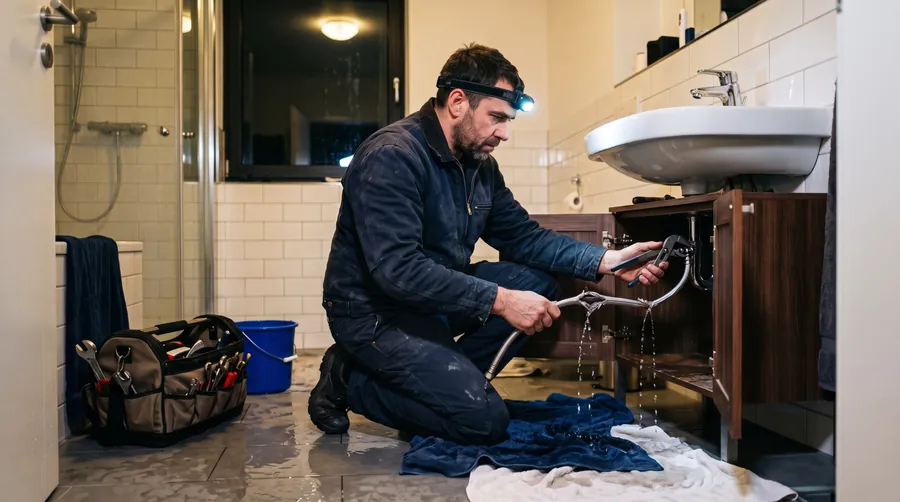 Sanitär-Notdienst in Bochum: Monteur mit Stirnlampe dreht nachts das Eckventil unter dem Waschtisch zu