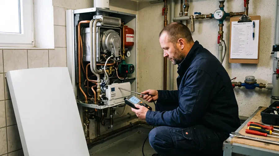 Heizungsreparatur und Wartung in Bochum: Messung an einer geöffneten Gastherme